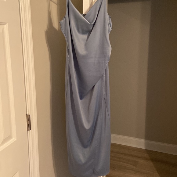 Lulu’s Hollywood Woman Dusty Blue Satin Midi Dress - Picture 4 of 6